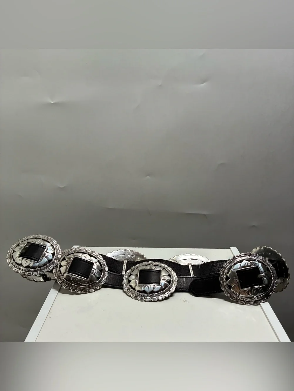 Vintage 90s Brighton Large Floral Concho Belt Silver Western Rodeo Black Cowgirl